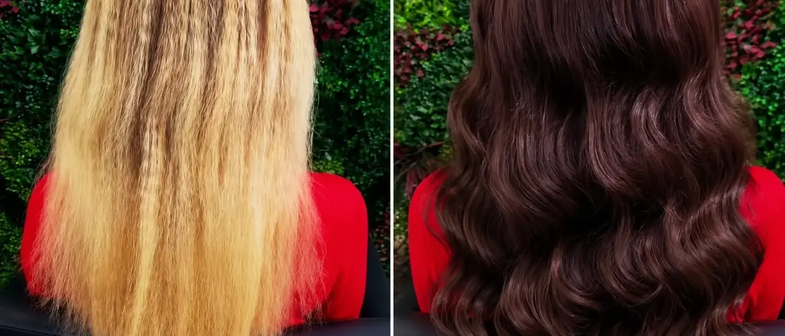 Corecție de culoare din blond decolorat în roșcat, înainte și după