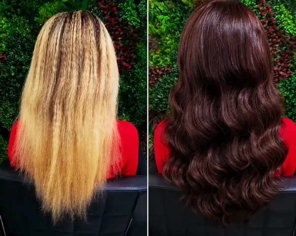 Corecție de culoare din blond decolorat în roșcat, înainte și după