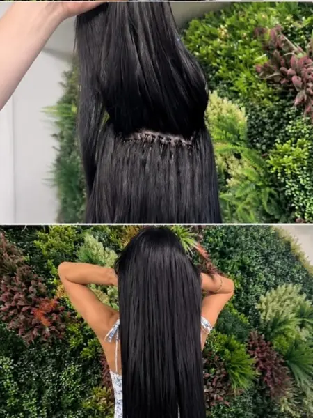 Extensii montate pe păr brunet, rândul de prindere aproape invizibil