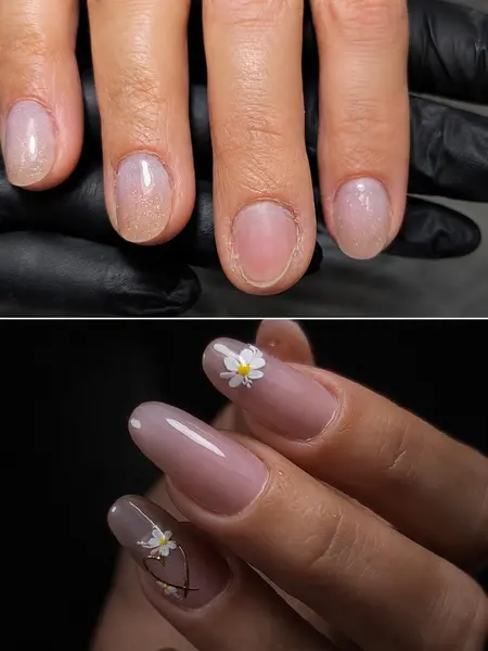 Manichiură naturală și model cu floare pe unghie migdală